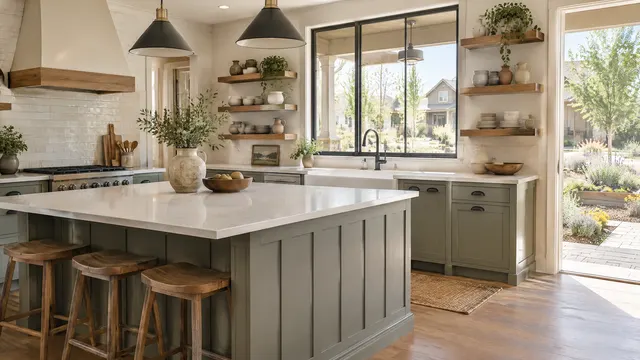 Farmhouse-style kitchen in a craftsman-inspired Agritopia home in Gilbert, Arizona: board-and-batten island, open wood shelves with pottery, a window to a front porch and garden beds