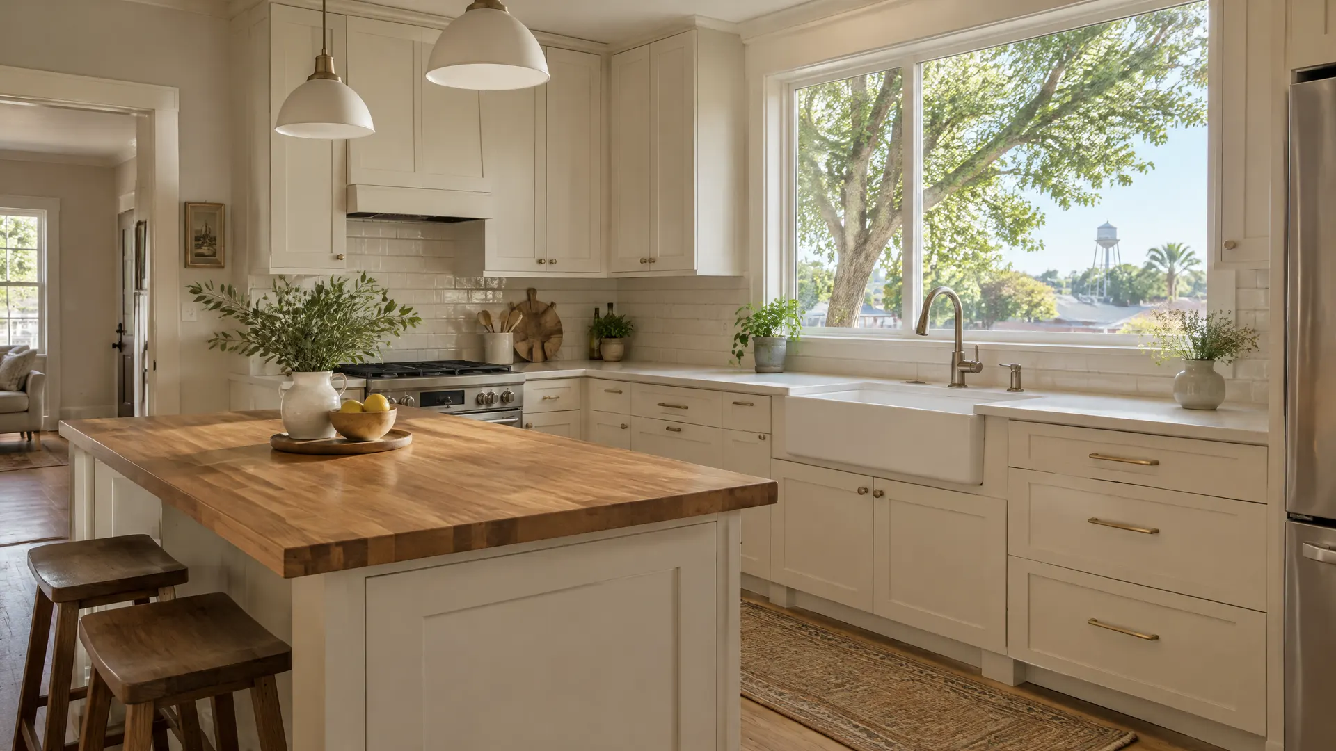 Remodeled kitchen in a small older single-story home near the Heritage District of downtown Gilbert, Arizona: cream cabinets, butcher-block island, a deep apron sink and a window toward a mature shade tree and a water tower silhouette far away