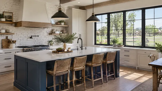 Kitchen in a Morrison Ranch, Gilbert home with ranch-farmhouse character: white painted brick backsplash, navy island, black window grids looking at a white rail fence and green park