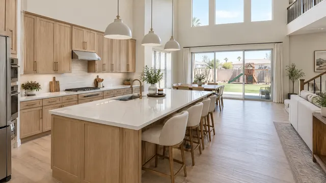 Updated kitchen in a two-story Power Ranch, Gilbert home with espresso cabinets replaced by light oak, a big island and a sliding door to a backyard with a play set on artificial turf