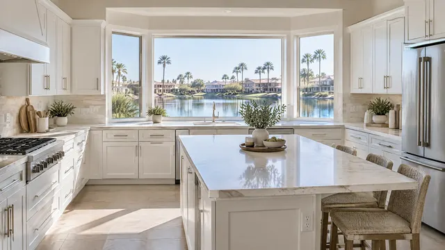 Updated kitchen in a 1990s Val Vista Lakes, Gilbert home with a bay window looking over a calm lake with palms, crisp white cabinets and a pale stone island