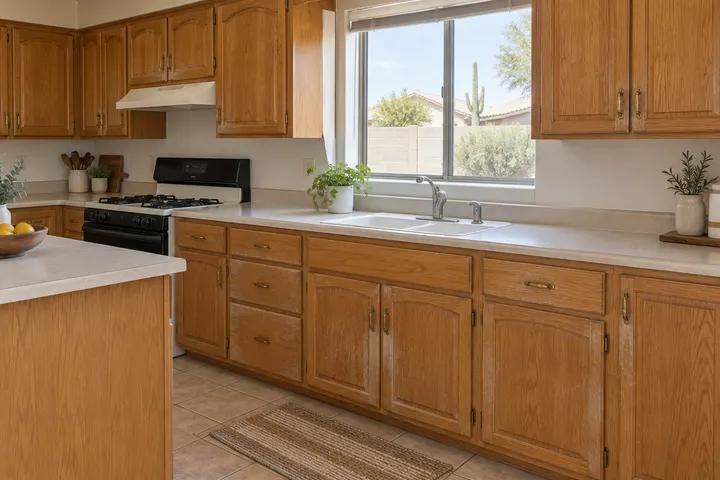 Worn honey oak kitchen cabinets with faded finish near the handles and dated brass hinges
