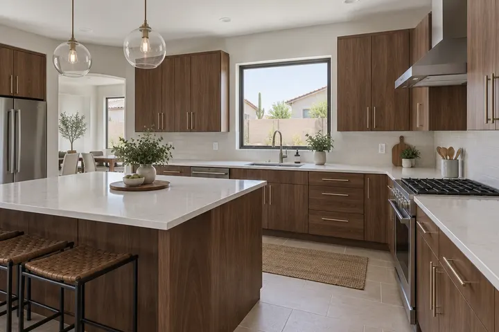 Kitchen cabinets refaced with flat-panel walnut veneer doors and long pulls, existing cabinet boxes kept