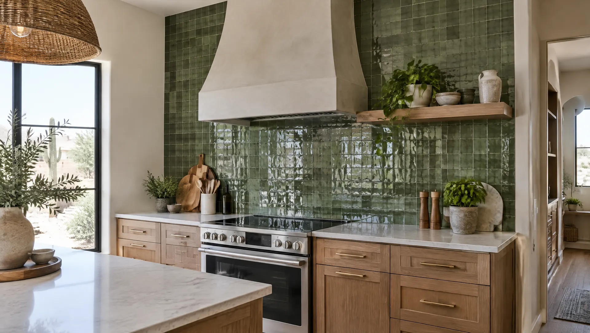 Handmade-look glossy green zellige-style tile backsplash running to the ceiling behind a slide-in range with a plaster range hood, wood floating shelf beside it