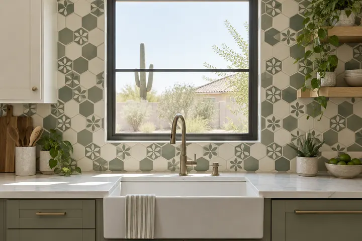 Patterned cement-look hexagon tile backsplash in muted green and cream around a window over a sink