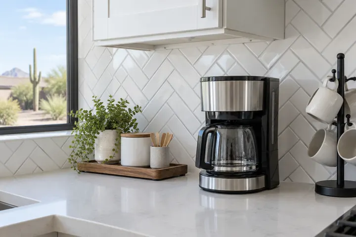 Classic white subway tile backsplash in a herringbone pattern with light gray grout behind a coffee maker