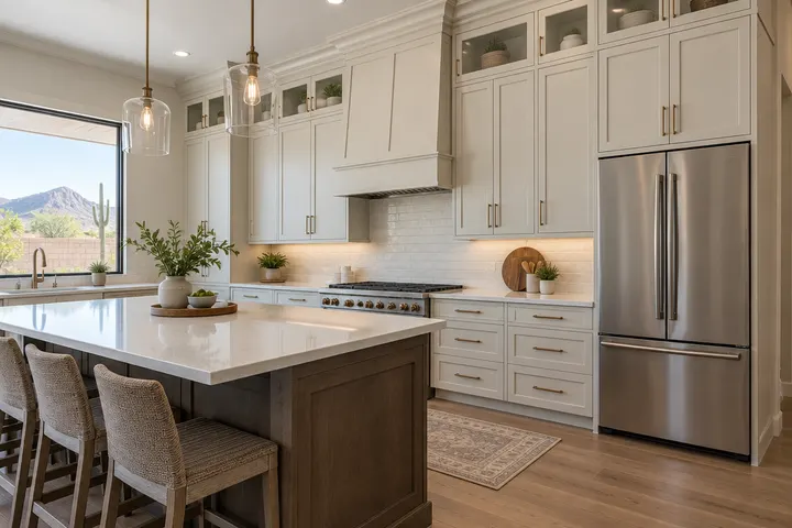 Upper cabinets extended to the ceiling with small glass-front stacker cabinets on top and crown molding