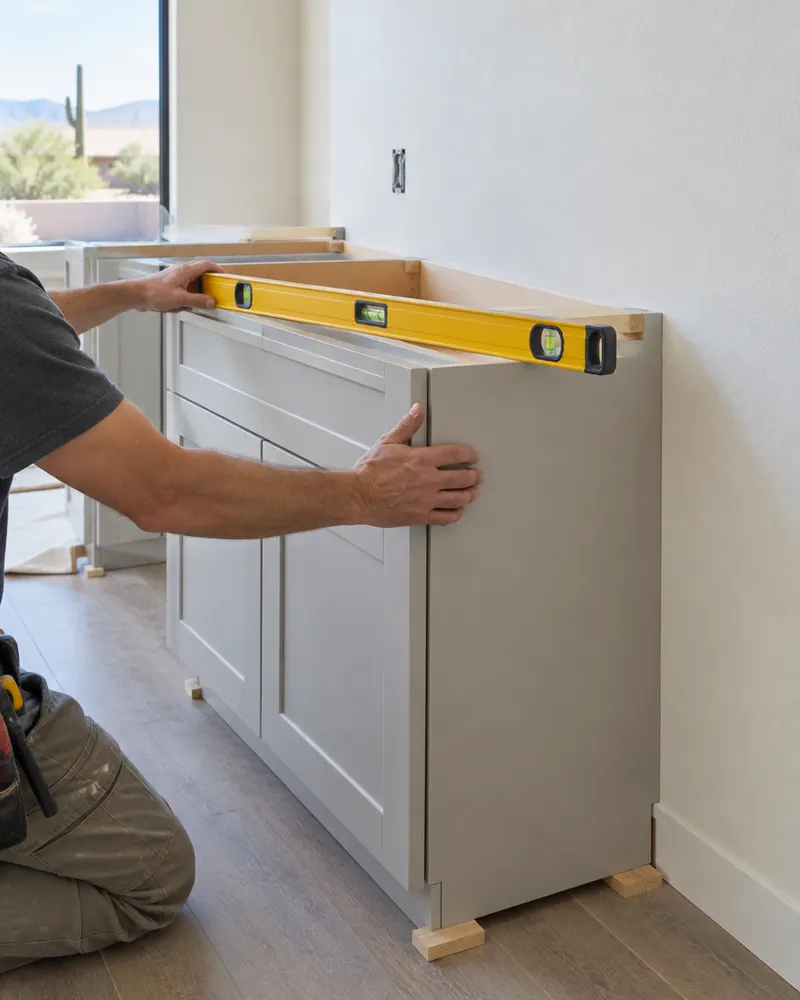 Installer's hands leveling a new base cabinet with a bubble level and shims against a freshly painted wall, face not shown