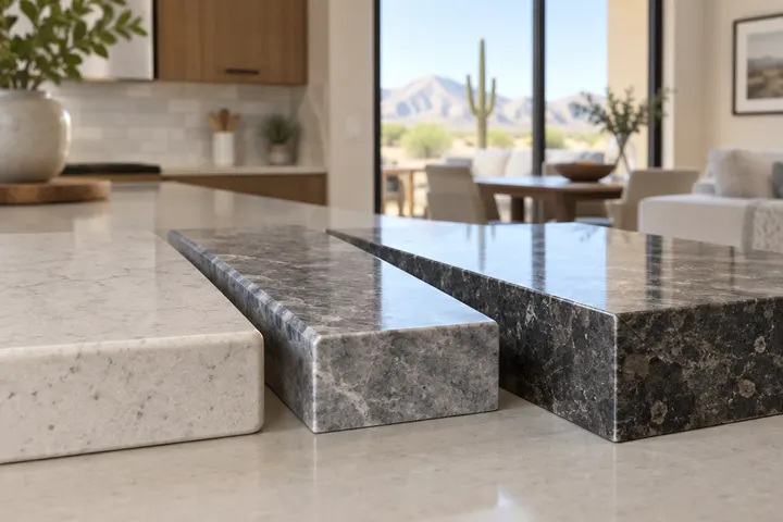 Close-up of three countertop edge profiles side by side on sample pieces: eased, beveled and mitered thick edge