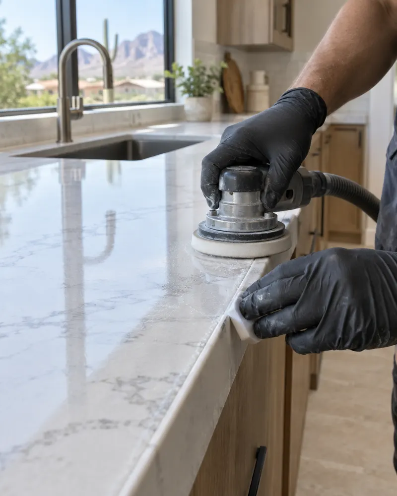 Close-up of a quartz countertop seam being joined and polished on a kitchen run, gloved hands, no face
