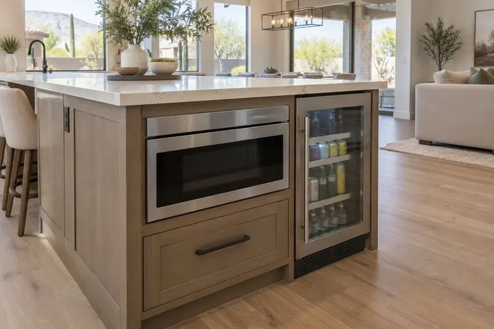 Microwave drawer and beverage fridge built into the end of a kitchen island