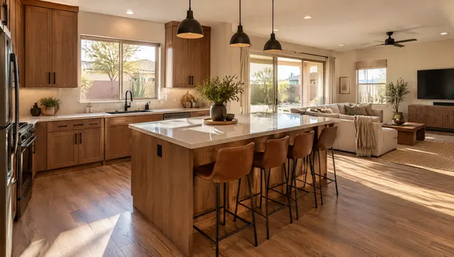 Full kitchen remodel in a 2005 Gilbert tract home: the old half-wall between kitchen and family room removed, a new island in its place, light walnut cabinets, matte black fixtures, warm afternoon light across the room