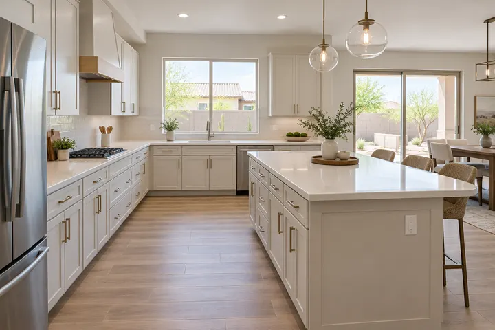 Remodeled U-shaped kitchen reshaped into an L-shape with an island, giving a wide walkway, light cabinets and clean counters